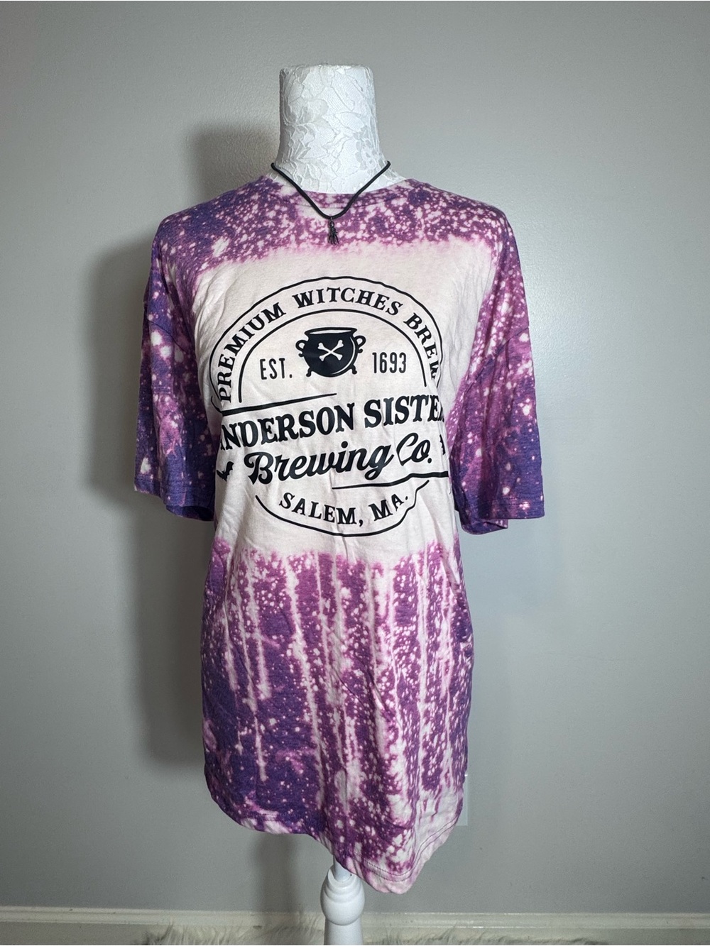 Gildan Purple and Cream Tie-Dye women’s Halloween Tee with Salem Brewing Graphic